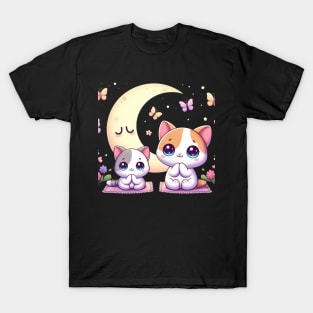 Cute Mother And Son Cat Praying with Stars and Butterflies T-Shirt